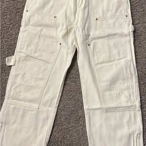 White Cargo Pants with Rugged Seams and Full Length Design